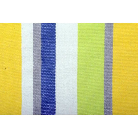 Striped fabric sample with yellow, blue, white, and green colours on a white background