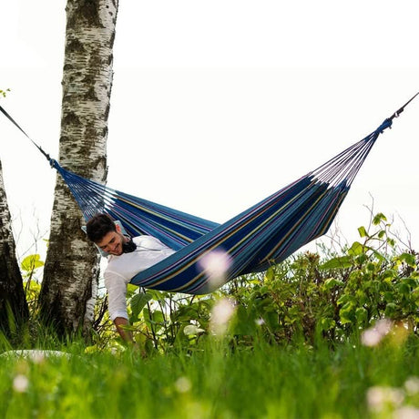 Person relaxing in a blue striped hammock between two trees in a grassy area.
