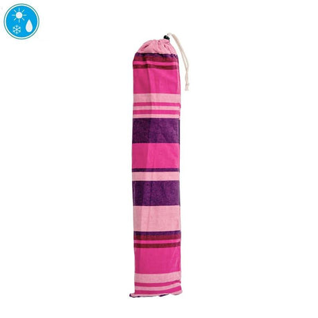 Pink and purple striped bag with a drawstring on a white background