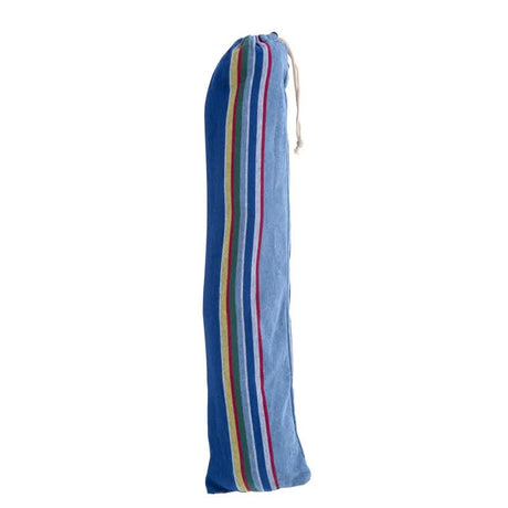 Blue striped bag with a drawstring on a white background