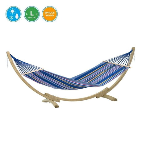 Blue striped hammock with wooden stand on a white background
