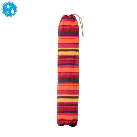 Colourful striped drawstring bag on a white background with a water droplet icon.