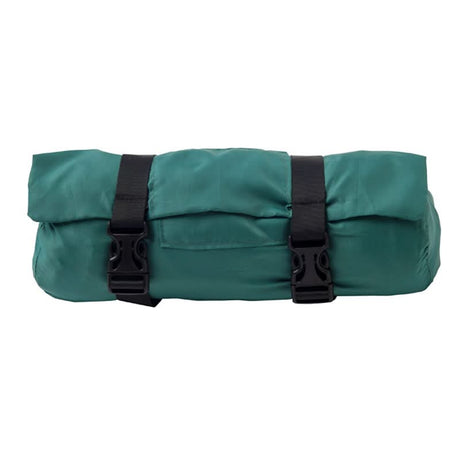 Green roll-up bag with black straps on a white background